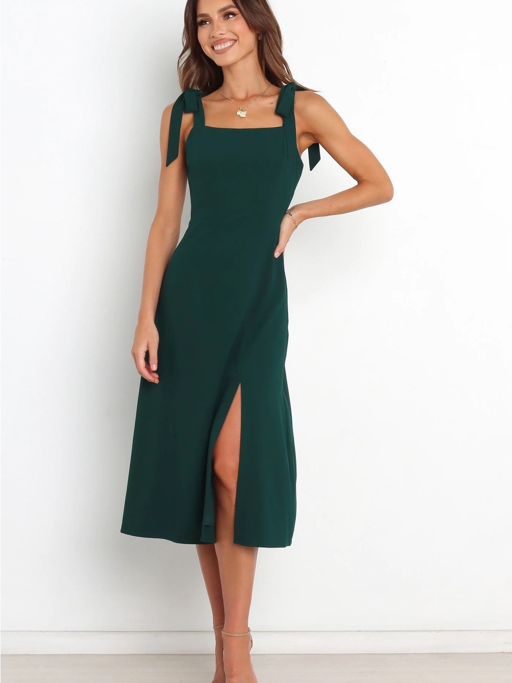 Petal & Pup Laurel Dark Green Tie-Shoulder Midi Wedding Guest Party Event Dress